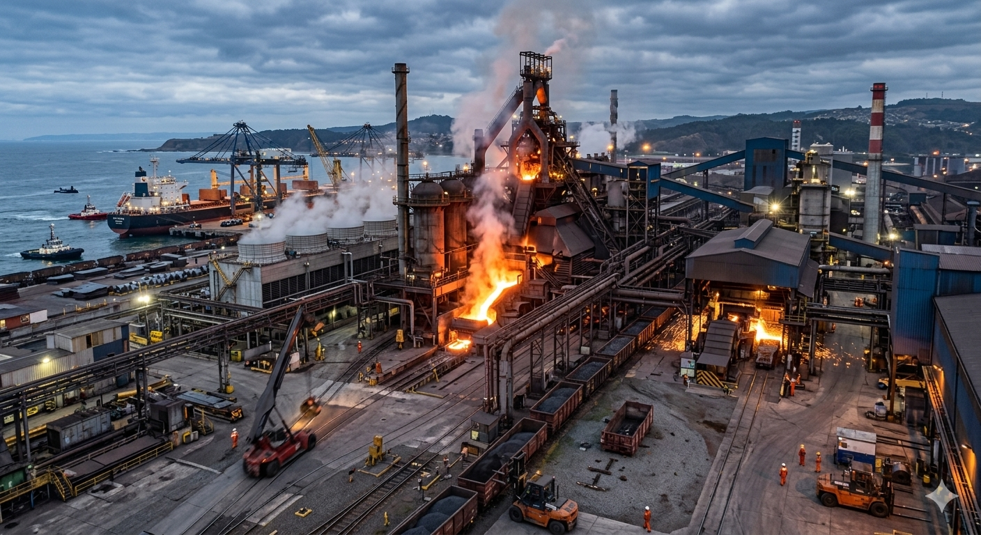 Incredibly impactful, highly realistic wide-angle cinematic shot of a modern, massive industrial facility
